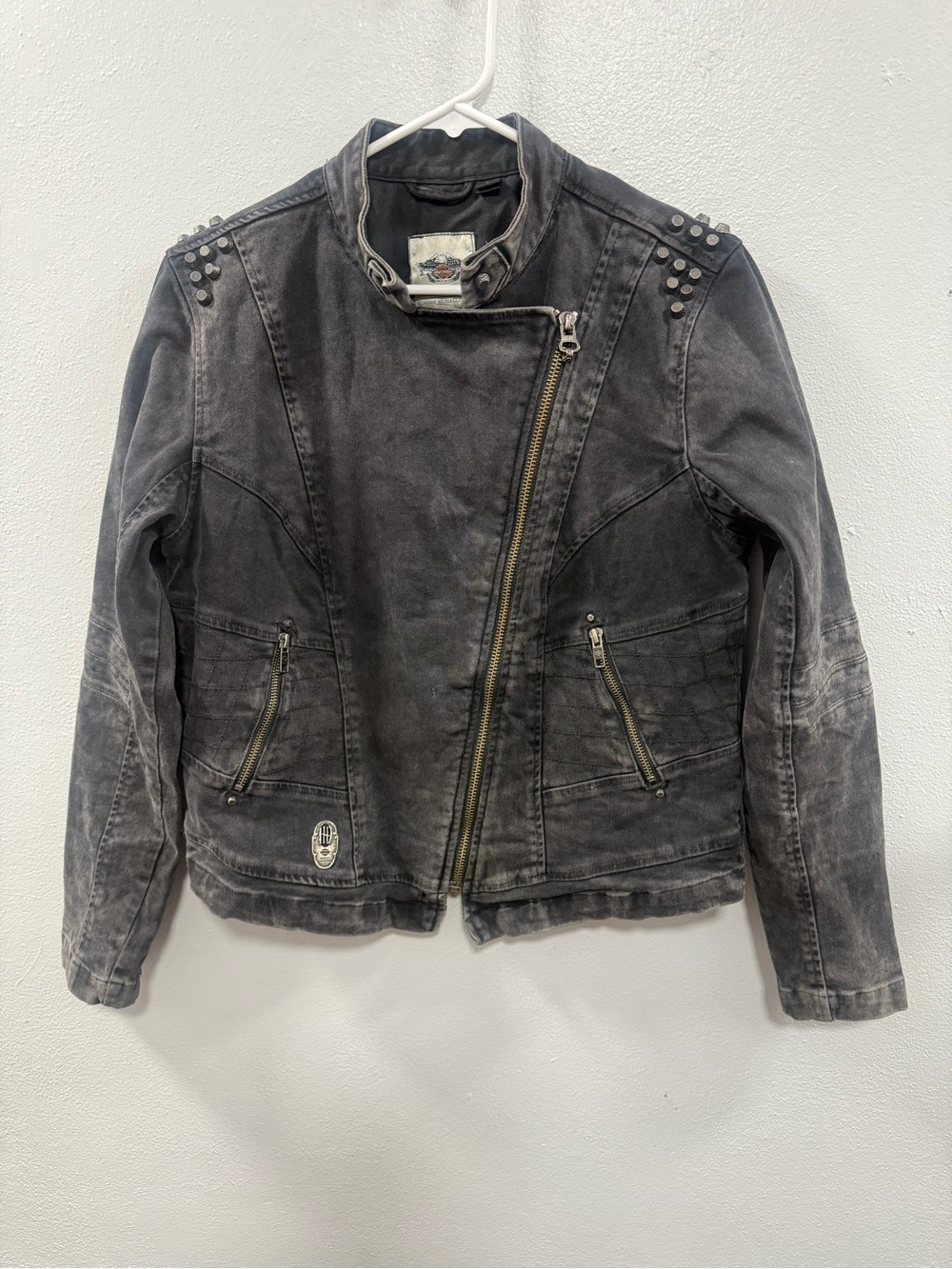Harley-Davidson Washed Black Studded Asymmetrical Jean Jacket